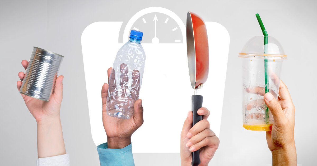 Obesogen Toxins Cause Weight Gain people holding up common sources of obesogens like plastic bottles and teflon pans